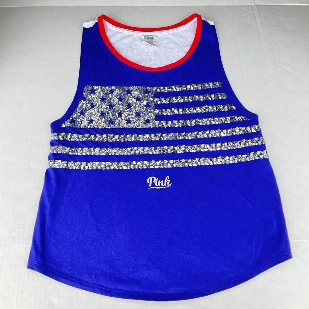 Victoria’s Secret Pink Sequin Flag Tank Top Patriotic Graphic Bling Y2K Small
